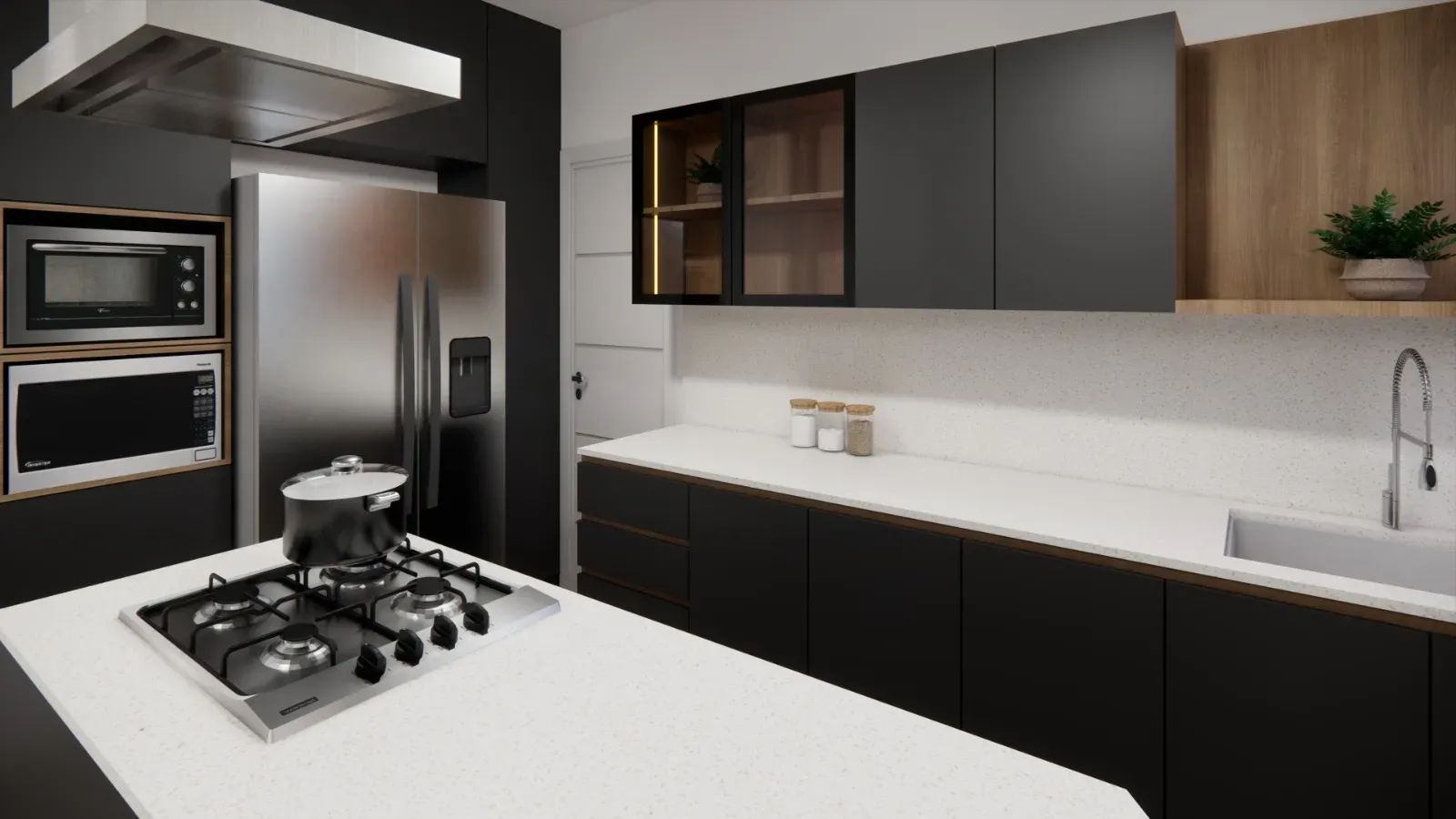 Vista del modelo 3D con los muebles negros, la vitrina y la cubierta blanca