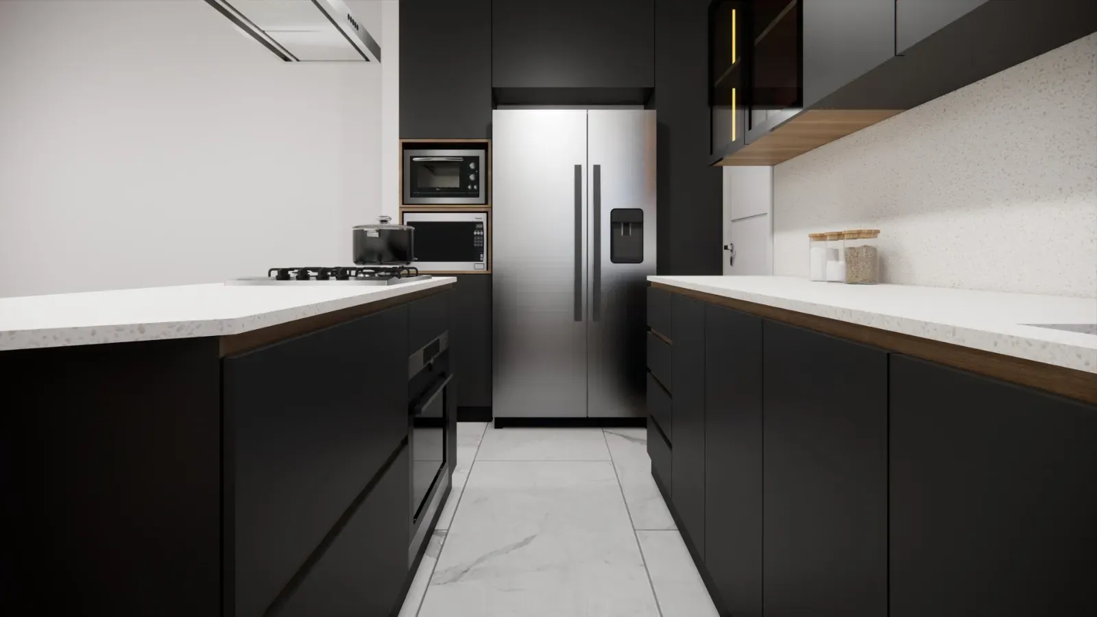 Tercera vista del modelo, con el refrigerador empotrado y los muebles hasta el cielo