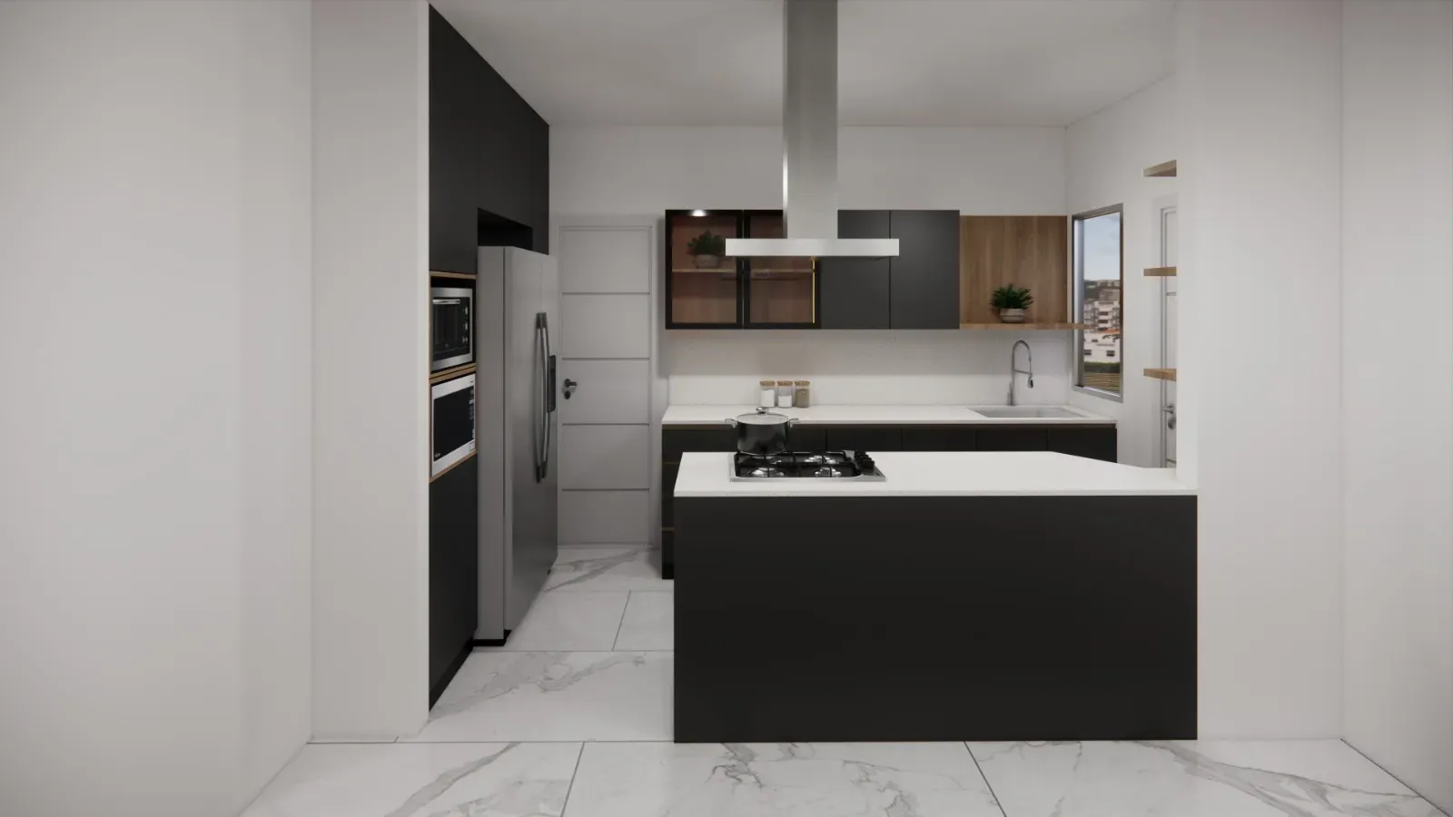 Modelo 3D de la cocina proyectada, con la isla y la campana al centro