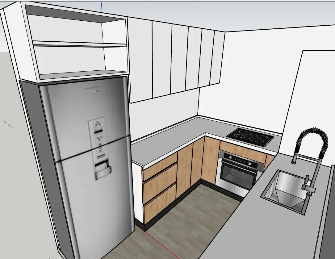 Modelo 3D de la cocina proyectada, con la distribución de muebles y artefactos