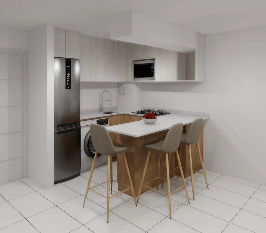 Modelo 3D de la cocina proyectada, con la barra, los muebles claros y el refrigerador empotrado