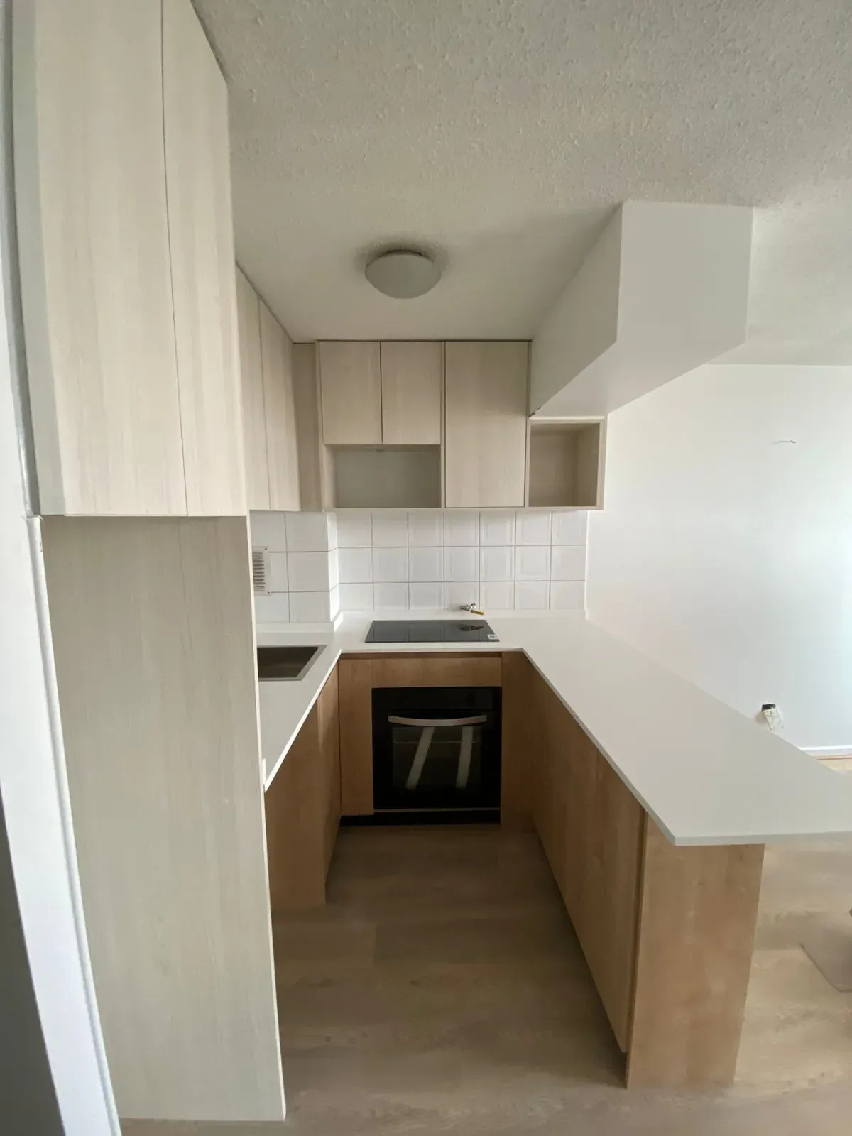 La cocina terminada vista desde el acceso, con la campana y la barra hacia el comedor