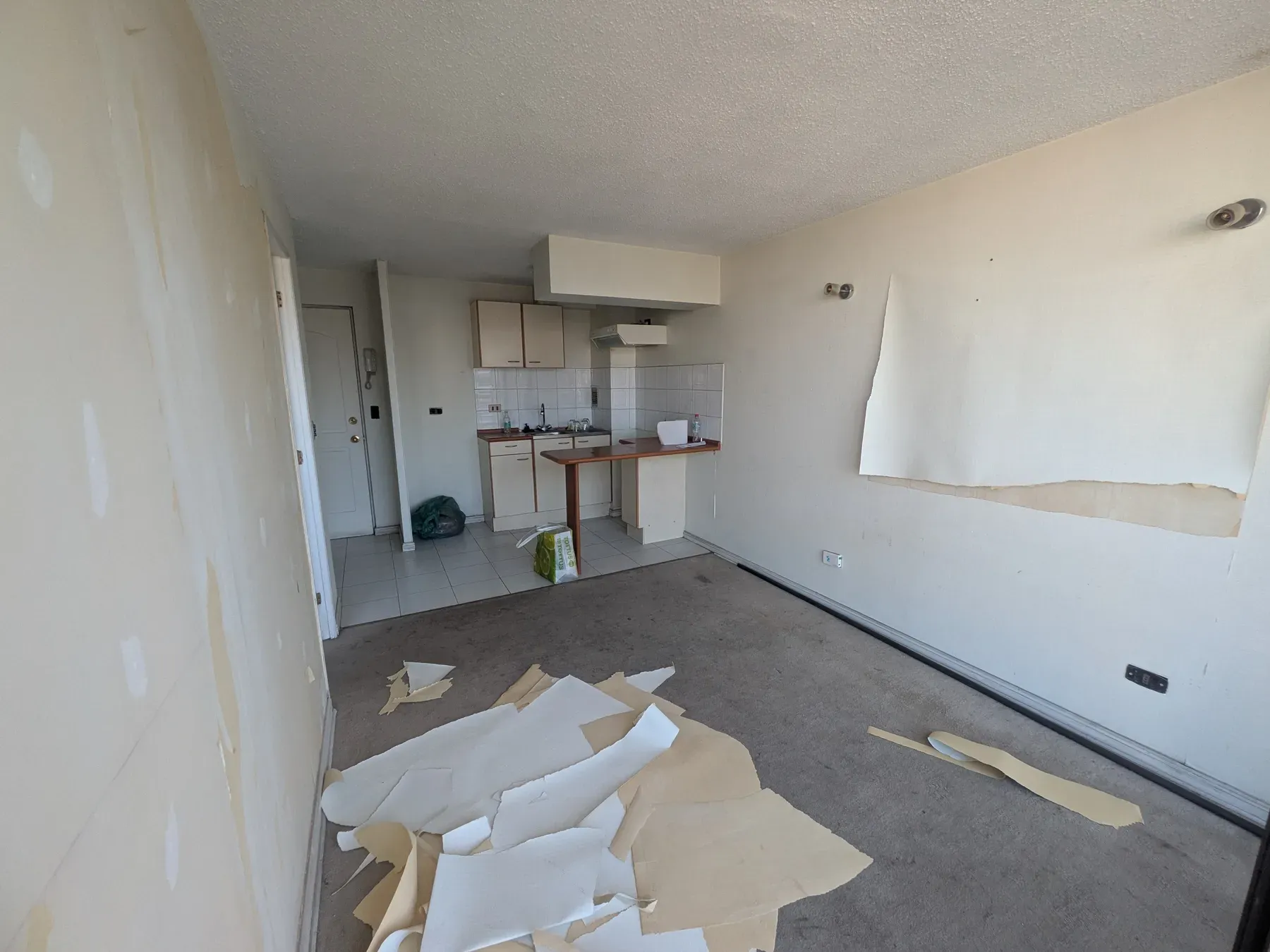 Living y cocina antes de la obra, con el papel mural a medio retirar